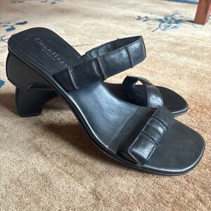 Cole Haan Black Leather Double-Strap Mid Heel Sandals